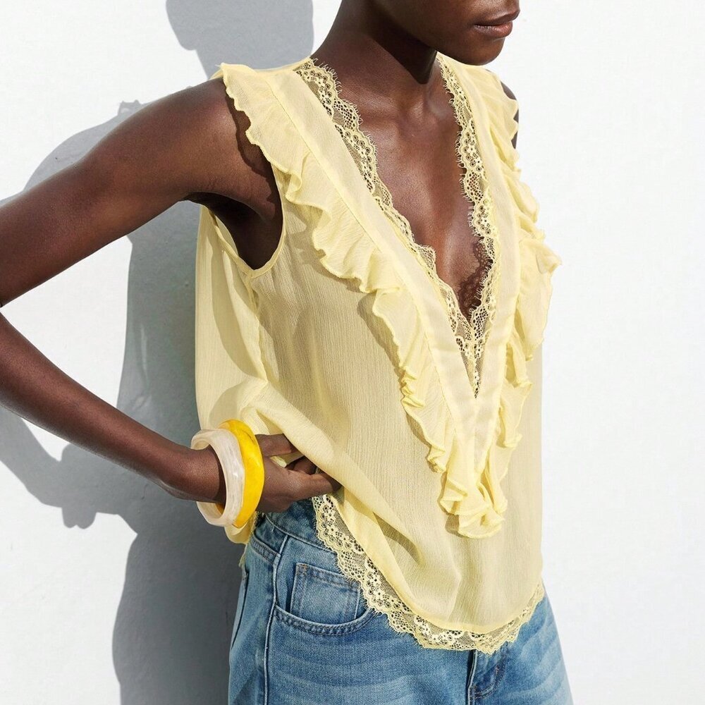 Yellow Casual Women's Lace Deep V Neck Sleeveless Blouse - Picture 5 of 7